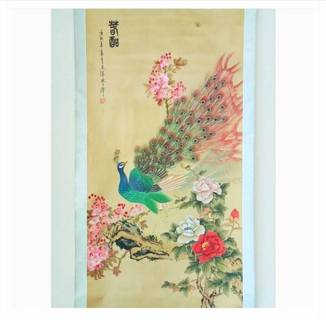 金運開運◎【孔雀と蜂の吉祥花図】縁起物 掛け軸 和室小物 花鳥風月