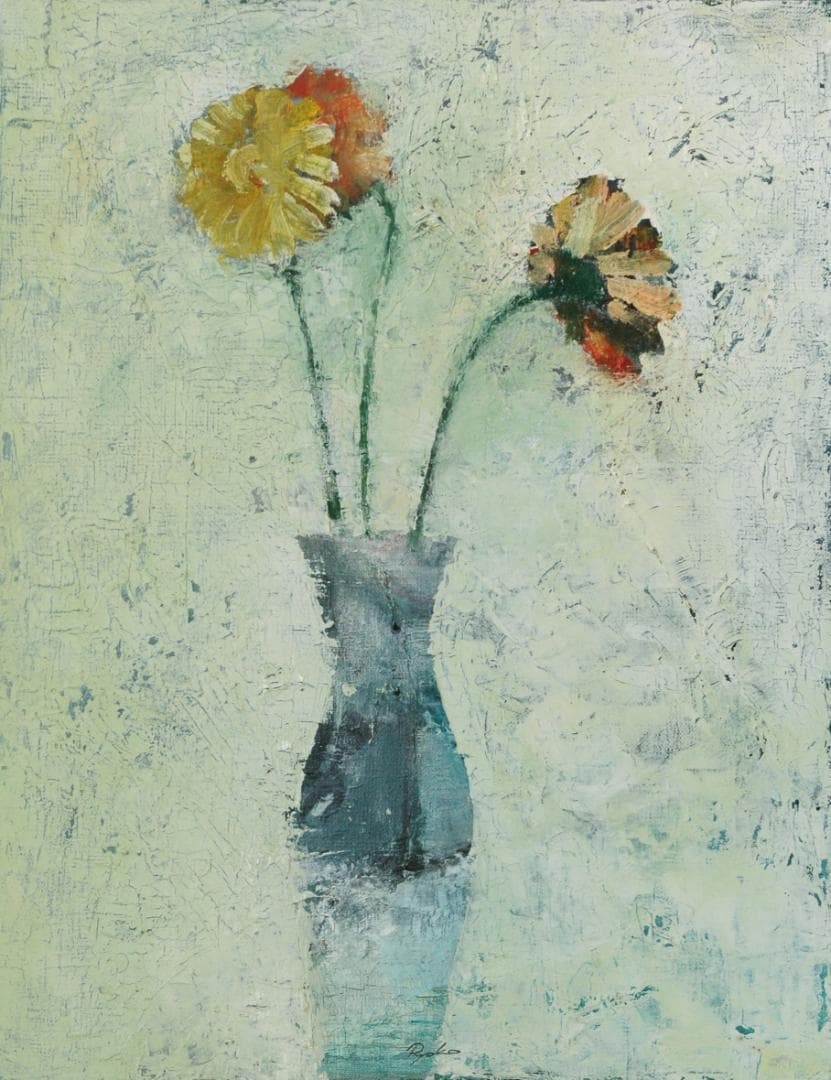 油絵 菅家令子 絵 絵画インテリア 額付(青緑＋金色の枠) F6-030501花