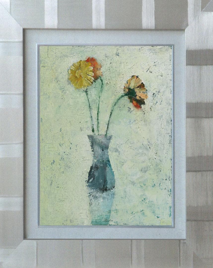 油絵 菅家令子 絵 絵画インテリア 額付(青緑＋金色の枠) F6-030501花