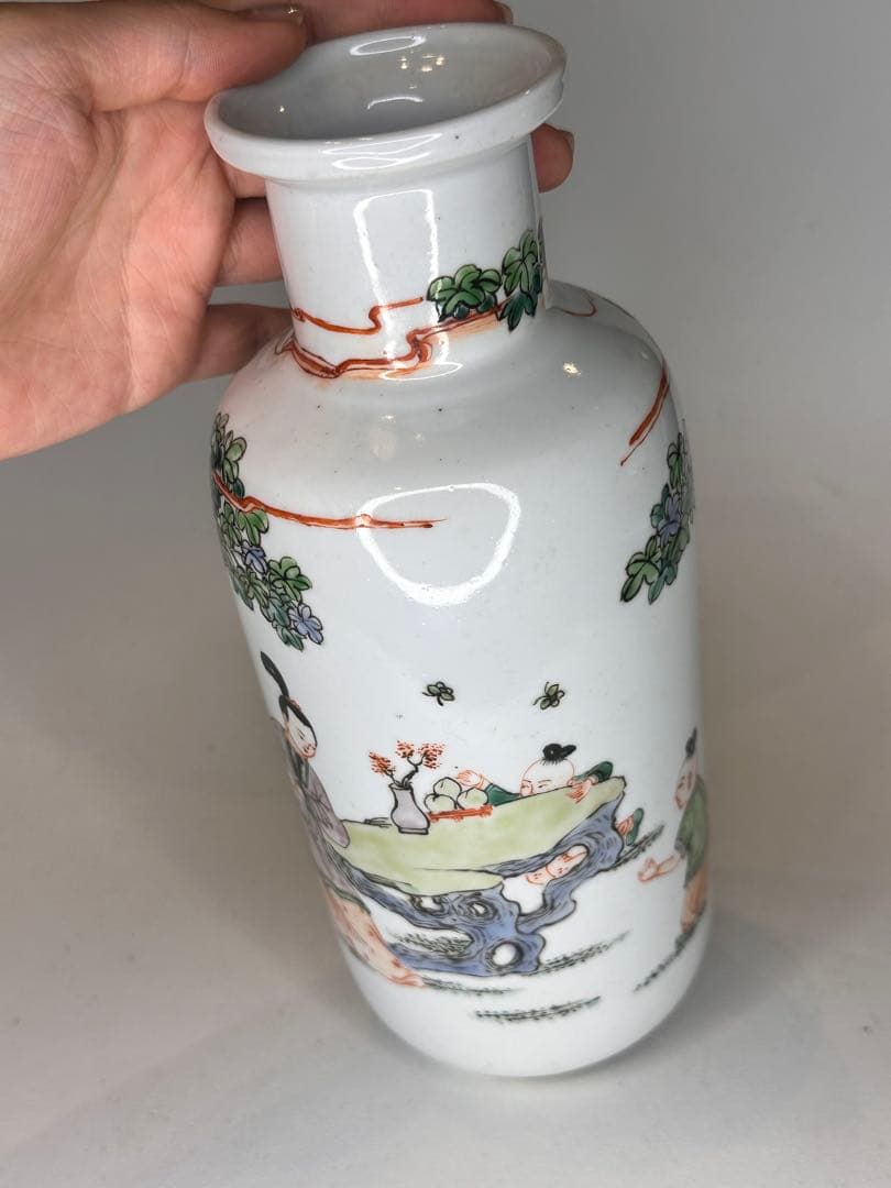 康熙葉子款 底部款識 人物童子戯図 彩絵 花瓶 中国古美術 时代物