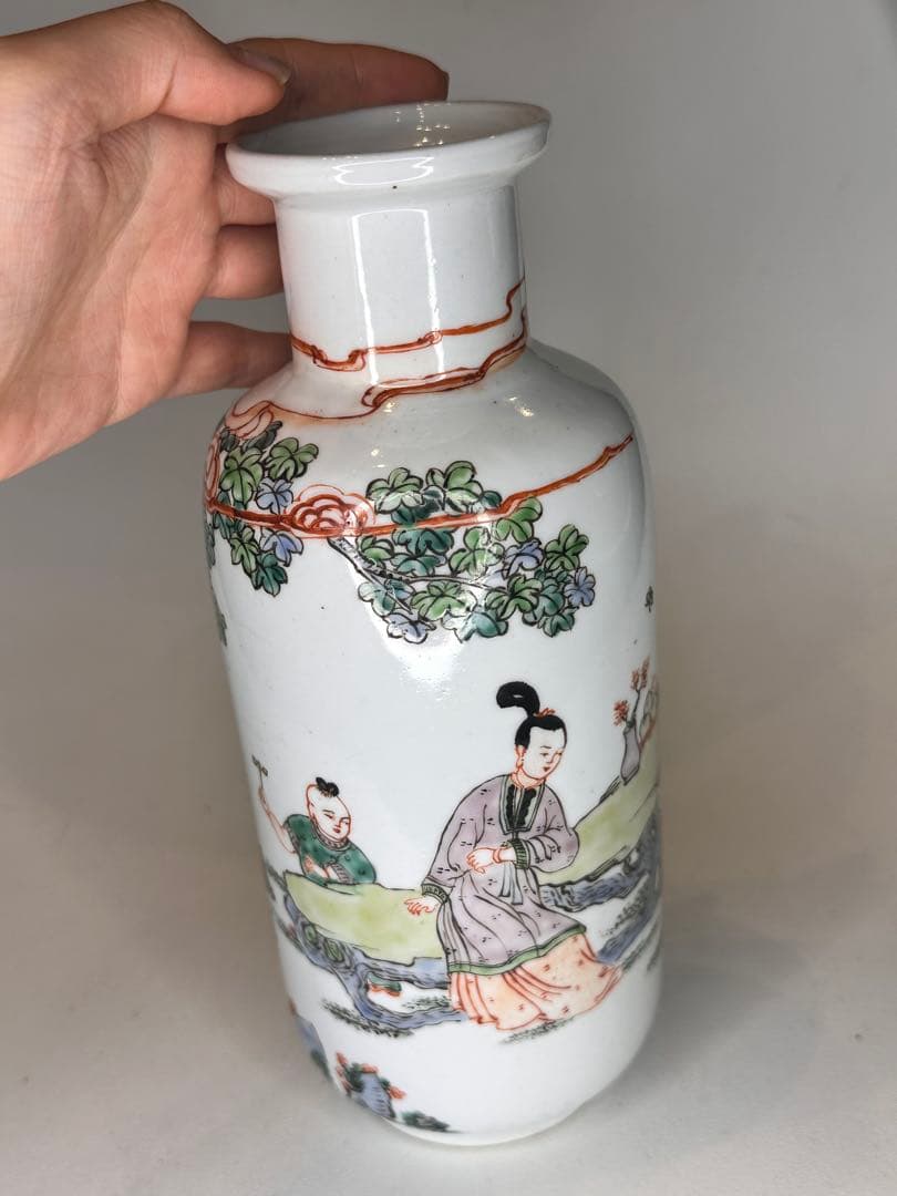 康熙葉子款 底部款識 人物童子戯図 彩絵 花瓶 中国古美術 时代物