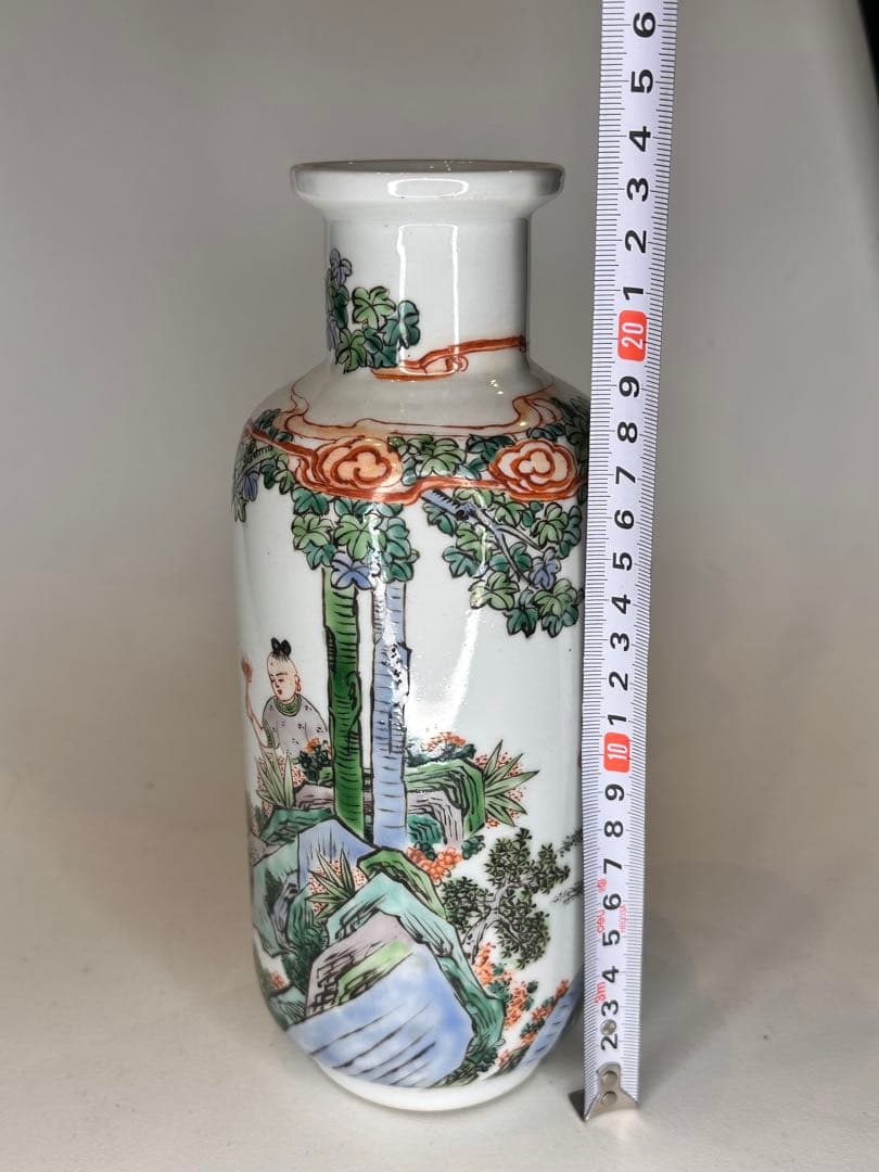康熙葉子款 底部款識 人物童子戯図 彩絵 花瓶 中国古美術 时代物