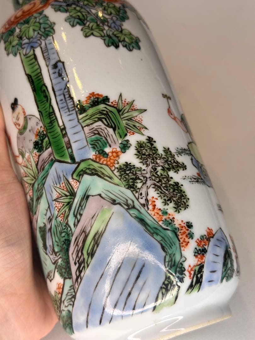 康熙葉子款 底部款識 人物童子戯図 彩絵 花瓶 中国古美術 时代物