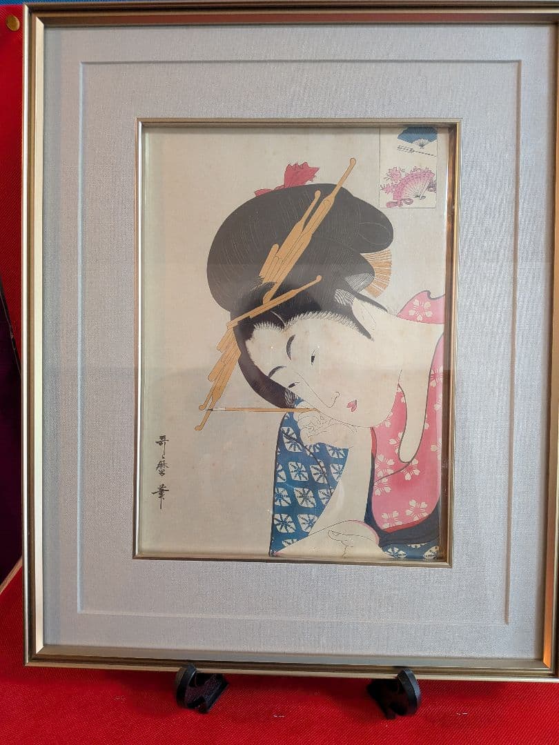 浮世絵美人画高名美人六家撰扇屋花扇額装縦５０Ｘ横４０Ｘ厚さ３センチ額装詳細不明品