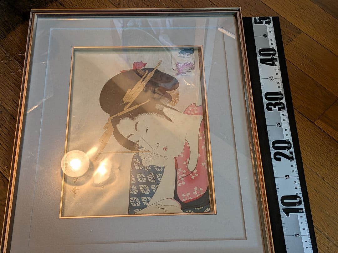 浮世絵美人画高名美人六家撰扇屋花扇額装縦５０Ｘ横４０Ｘ厚さ３センチ額装詳細不明品