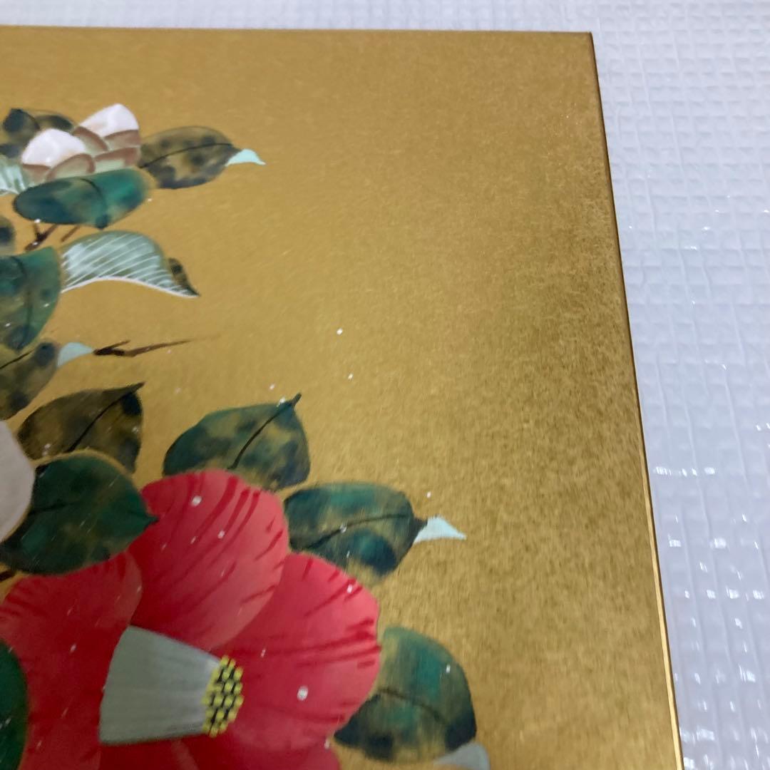 TS78 日本画家 坂本宗春 色紙 椿 金泥 金地 肉筆 絵画 縁起物 伝統工芸