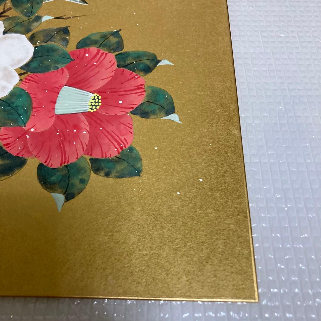 TS78 日本画家 坂本宗春 色紙 椿 金泥 金地 肉筆 絵画 縁起物 伝統工芸