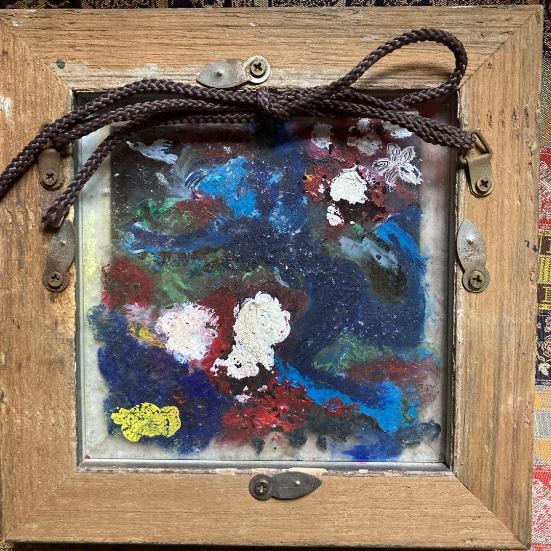 ガラス絵　作者不詳Yae97のサイン有 額14.4×14.4絵9.8×10cm￼