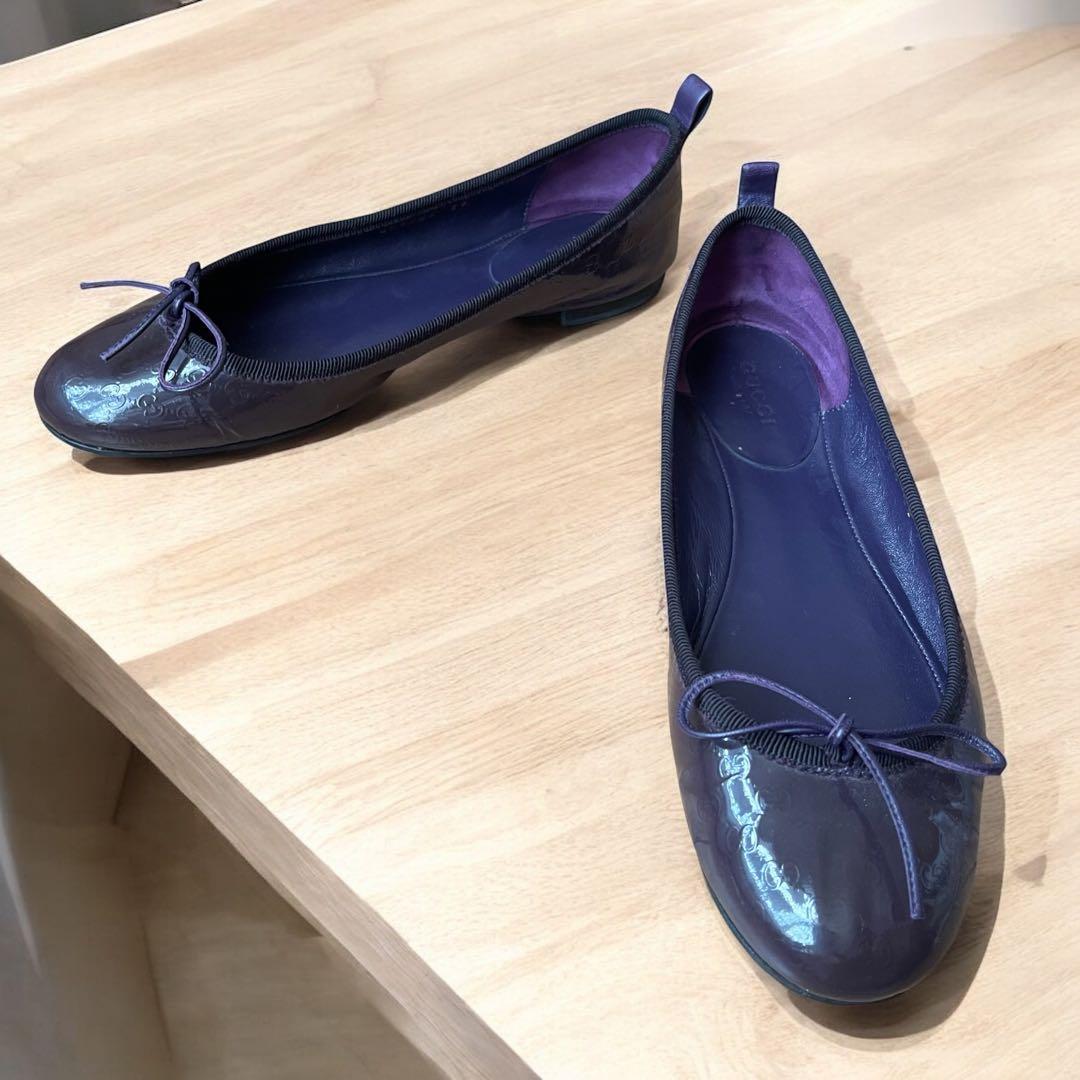 GUCCI フラット　バレエシューズ　レザー　ダークパープル　CG柄　36