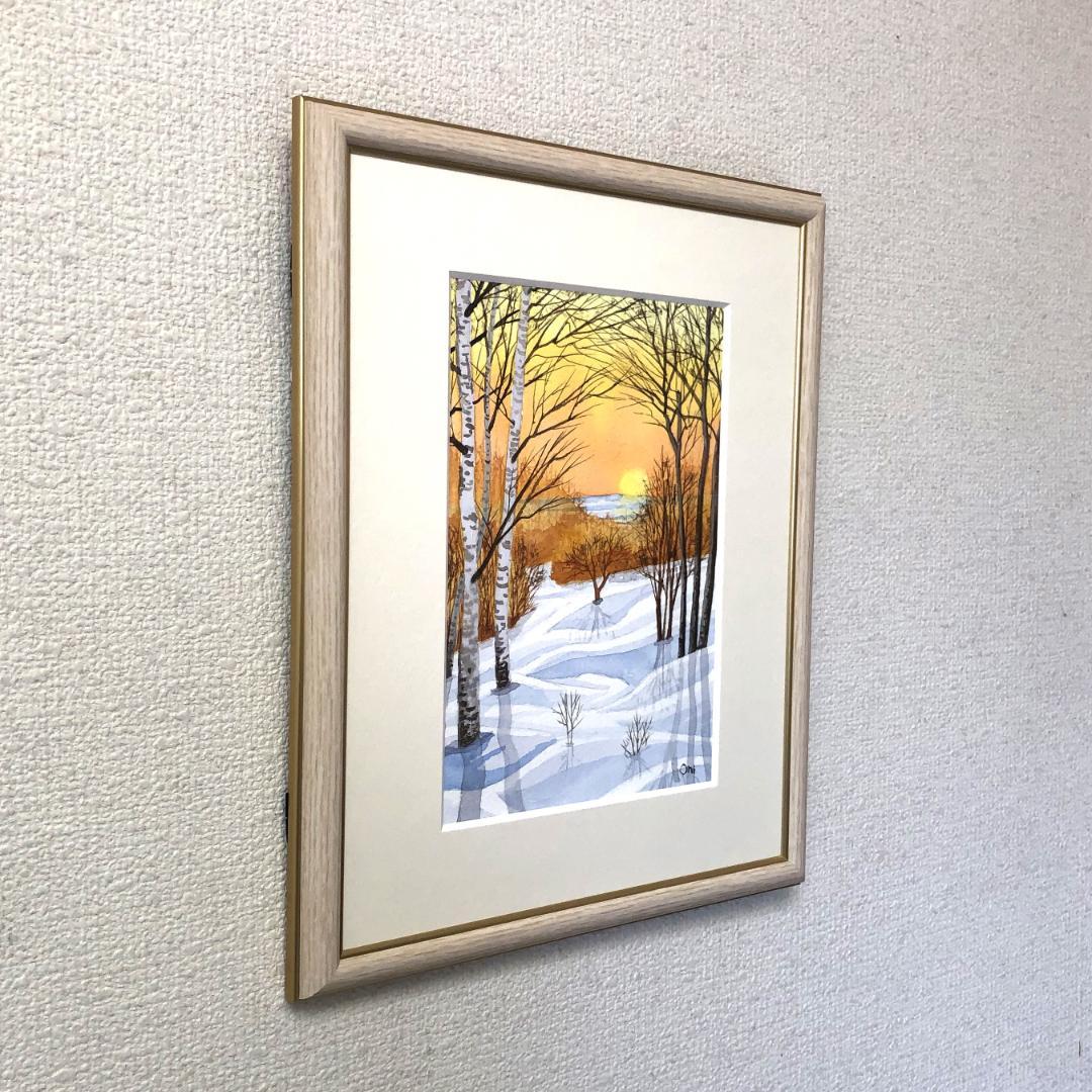 透明水彩画　原画　「雪原の朝焼け02」額縁付　SMサイズ　風景画