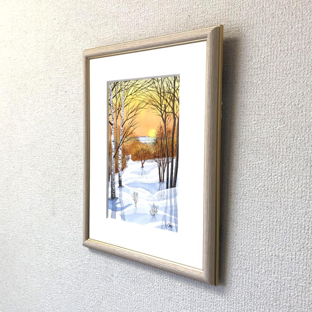 透明水彩画　原画　「雪原の朝焼け02」額縁付　SMサイズ　風景画