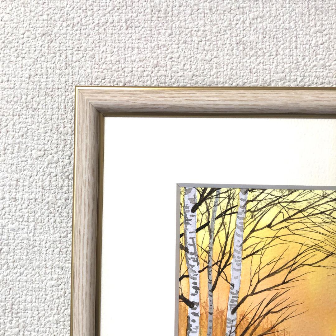 透明水彩画　原画　「雪原の朝焼け02」額縁付　SMサイズ　風景画