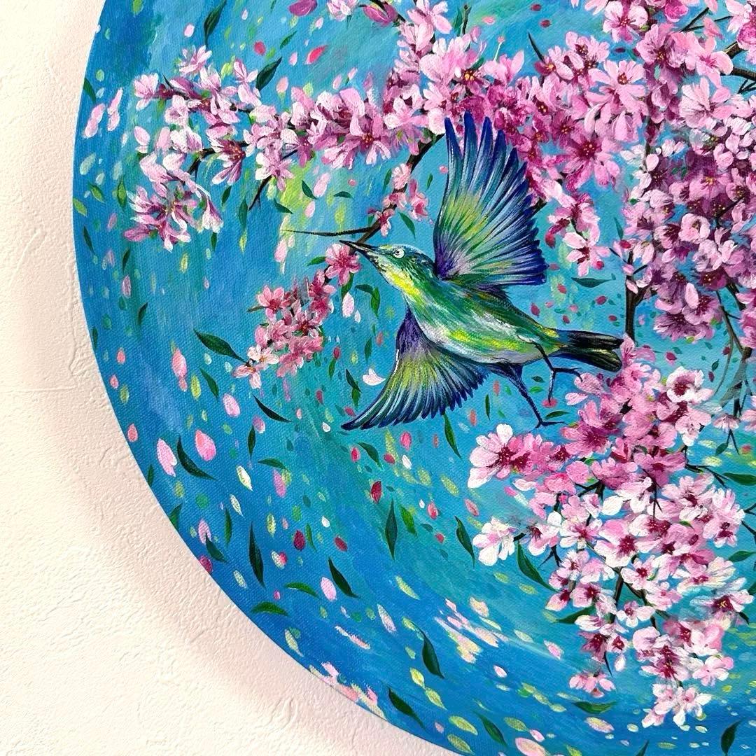 絵画　『メルヘンと鶯』　春の絵　アクリル画