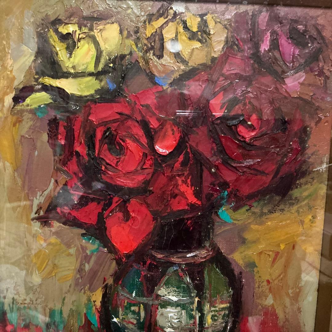 【真作】　長尾美智子　油絵　『薔薇』　F4号　サイン・裏書き有　額装