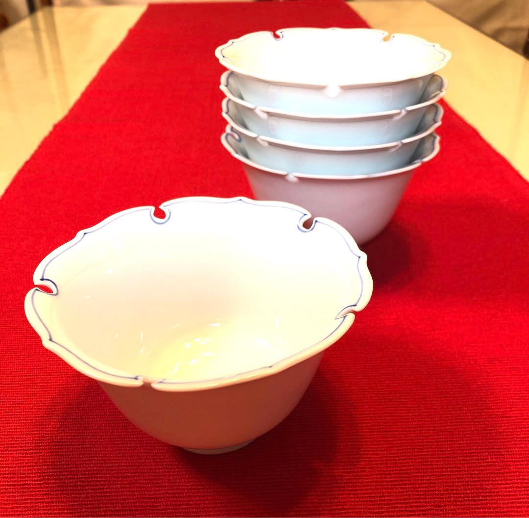 波佐見焼 洸琳窯 渕線 雪輪型 小鉢揃5個【未使用保管品】