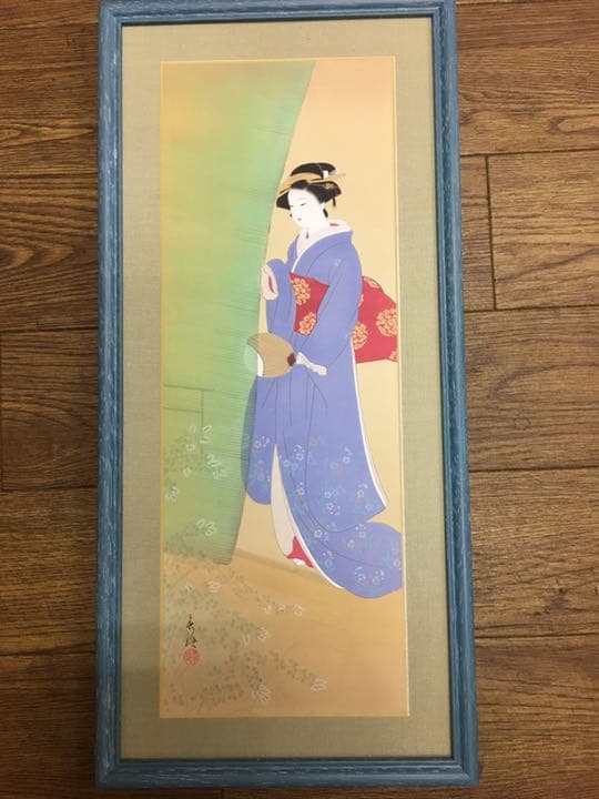 夏の夕 カヤの外は アジサイの花  夏らしい日本画版画47センチ×22センチ