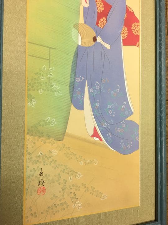 夏の夕 カヤの外は アジサイの花  夏らしい日本画版画47センチ×22センチ