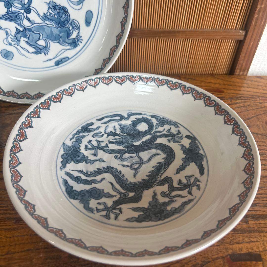 九谷焼　染付龍　鳳凰　獅子　三枚組中皿