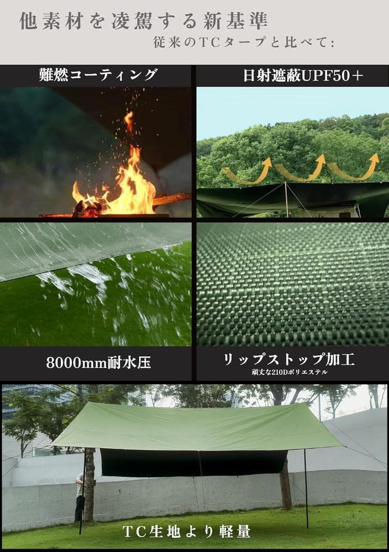 新品未使用 タープ 3m✕3m 焚き火可 遮光/遮熱/難燃 耐水圧8000mm