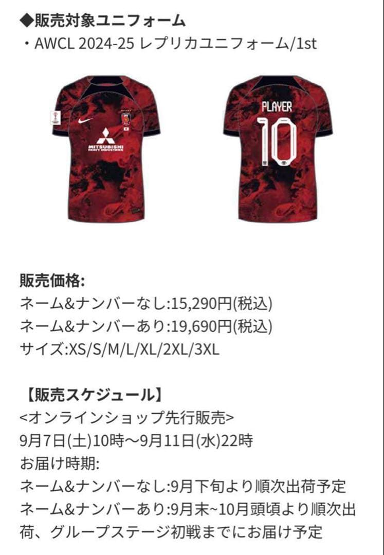 【新品】浦和レッズレディース24/25 AWCLユニフォーム 伊藤美紀 XL