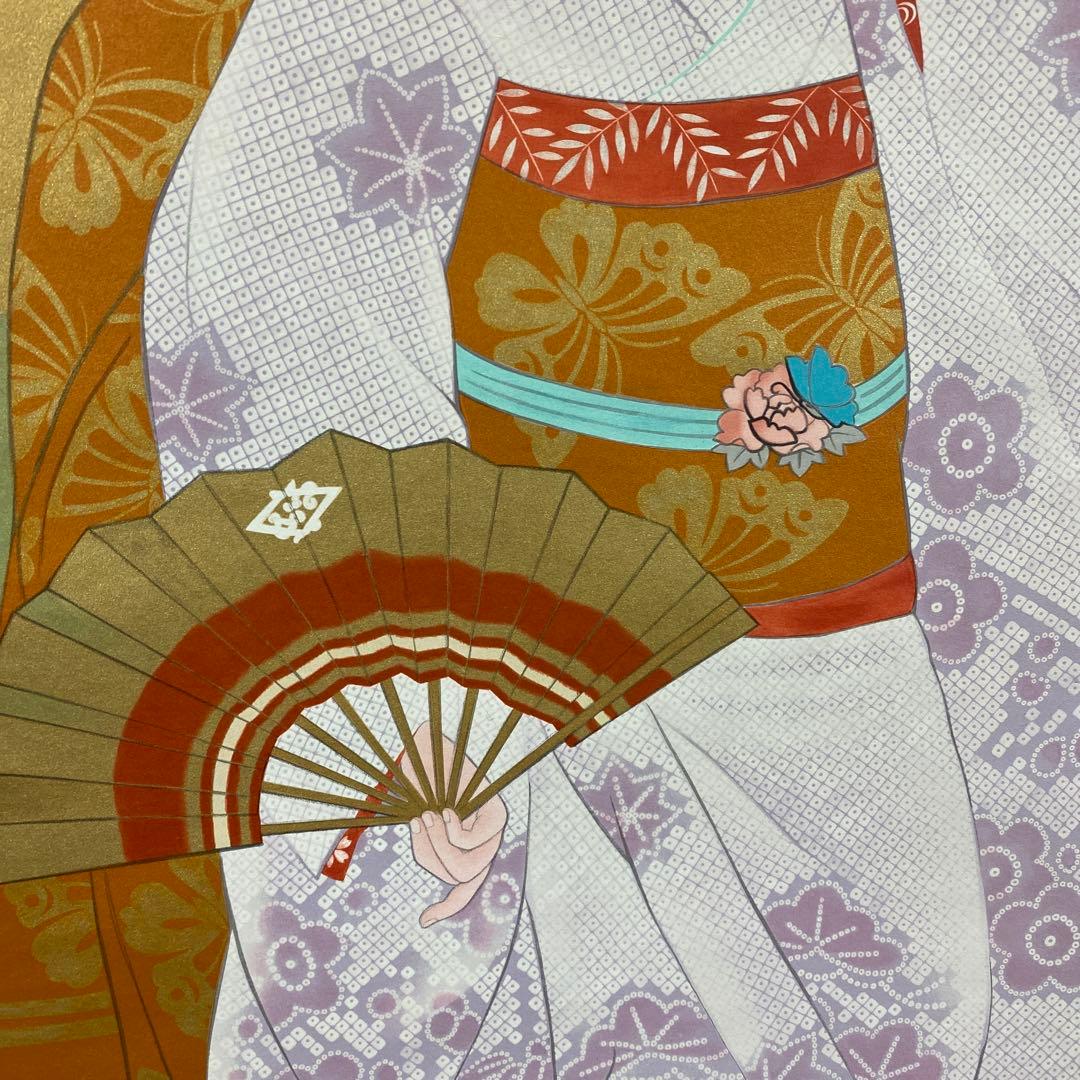 美品 掛け軸 日本画家 三輪良平筆 舞(美人画)図 リトグラフ 縁起物