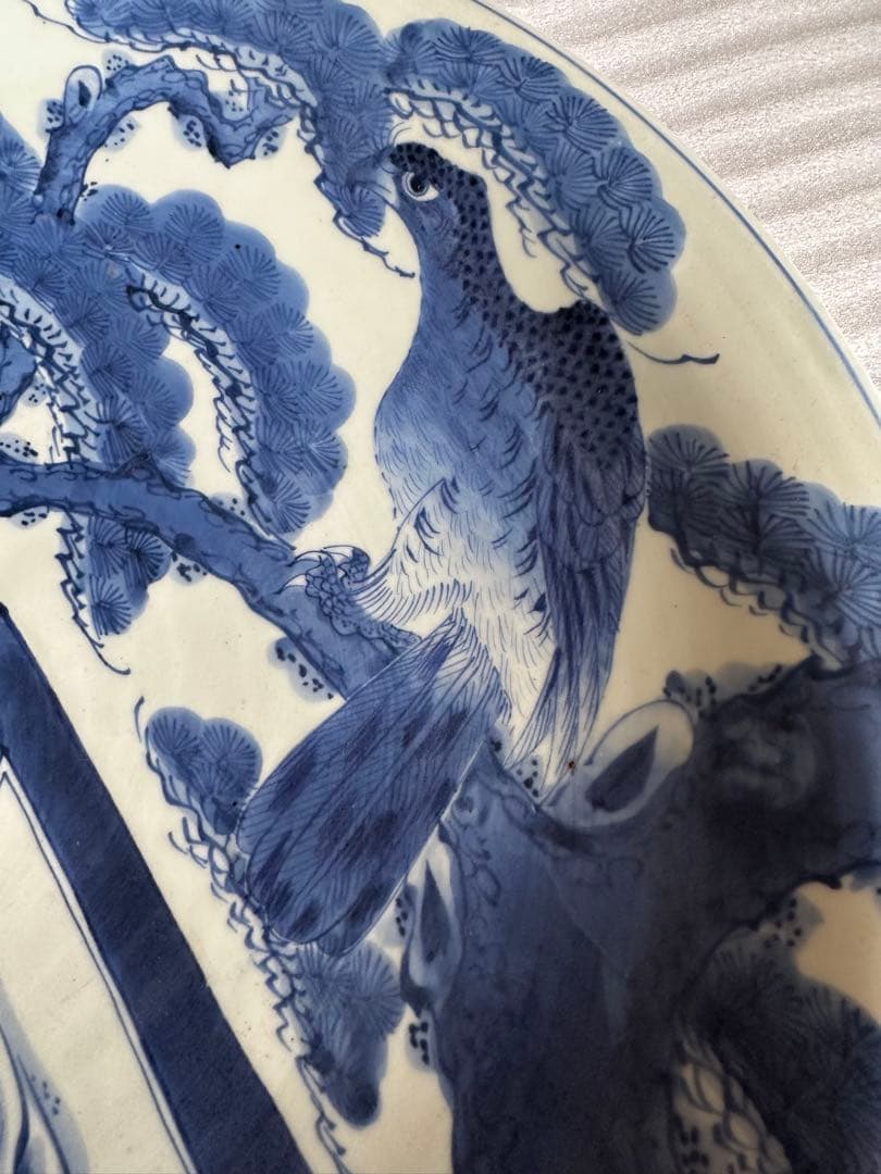 古伊万里焼 染付魚鳥図 大皿 染付 直径約46cm 古美術