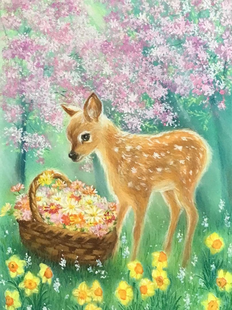 m*n様 春の森と小鹿　絵画アート原画　パステル画