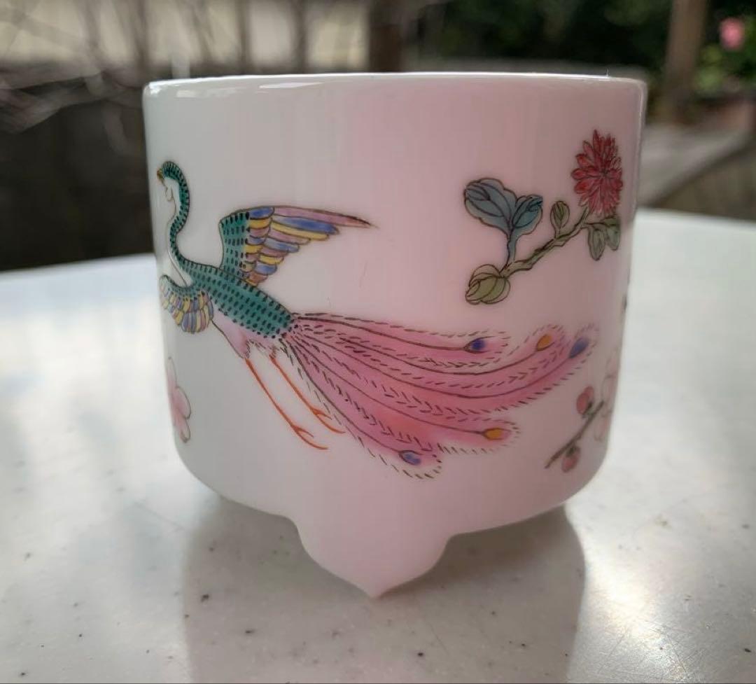 中国　江西省　景徳鎮　粉彩色絵　花鳥模様 香炉　香炉灰