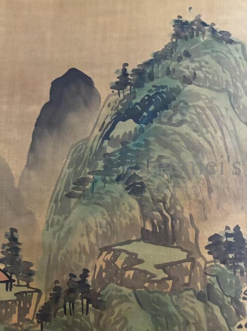 中国古美術 王鑑作款 水墨画 山水画 詩文付き 三尺 絹本 手描き 唐物 肉筆