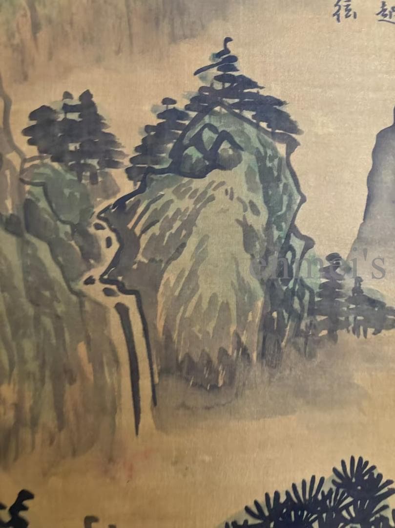 中国古美術 王鑑作款 水墨画 山水画 詩文付き 三尺 絹本 手描き 唐物 肉筆