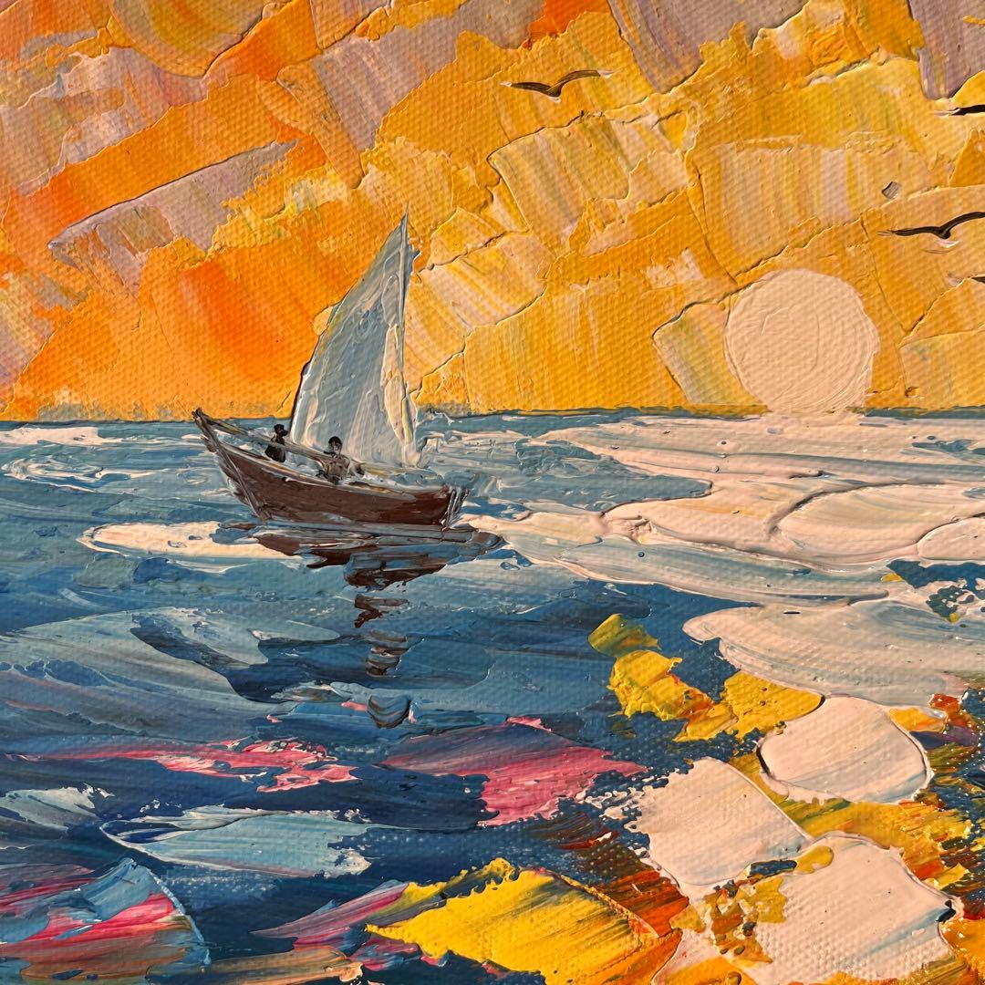 手書き油絵 sun set夕陽 額付 インテリア 油彩画 肉筆絵画