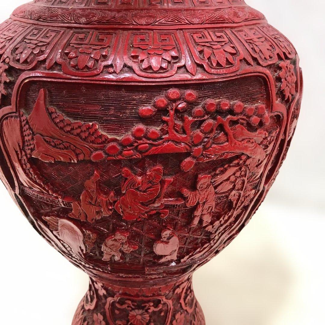 中国風 大型壺 朱色 レリーフ彫刻 花鳥図 花瓶 高約48cm 260216-2