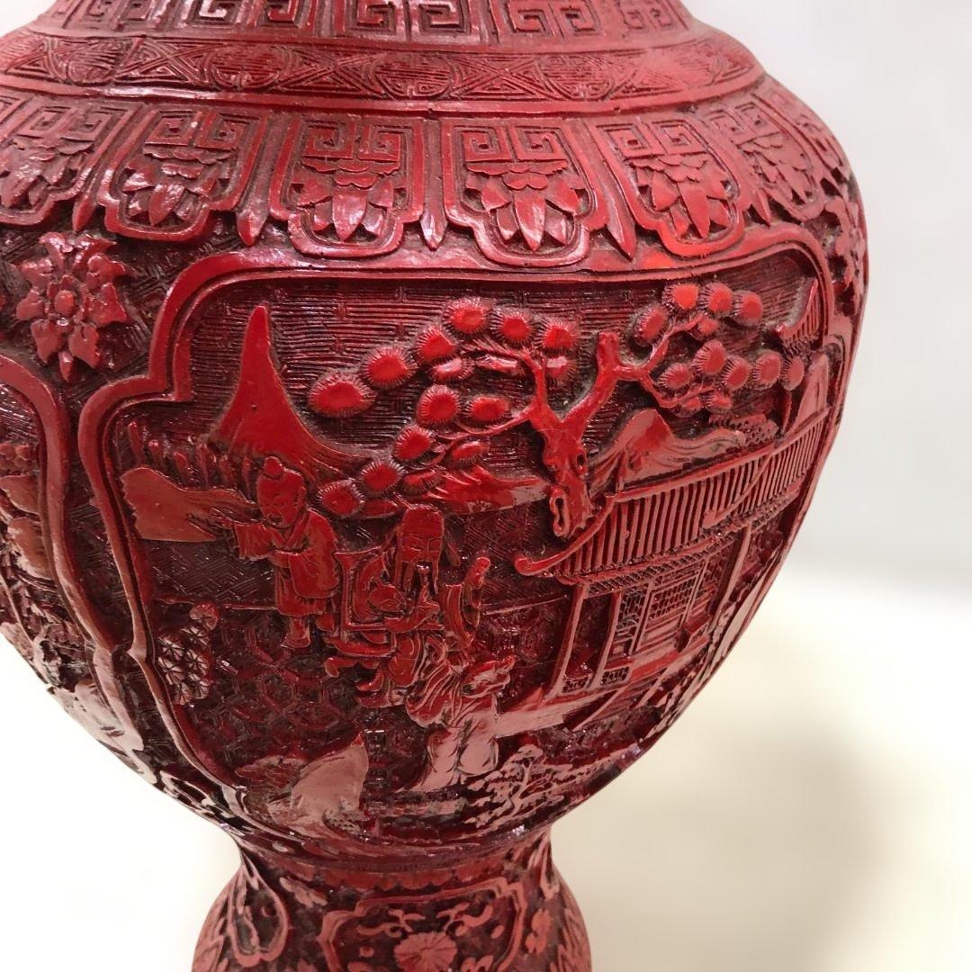中国風 大型壺 朱色 レリーフ彫刻 花鳥図 花瓶 高約48cm 260216-2
