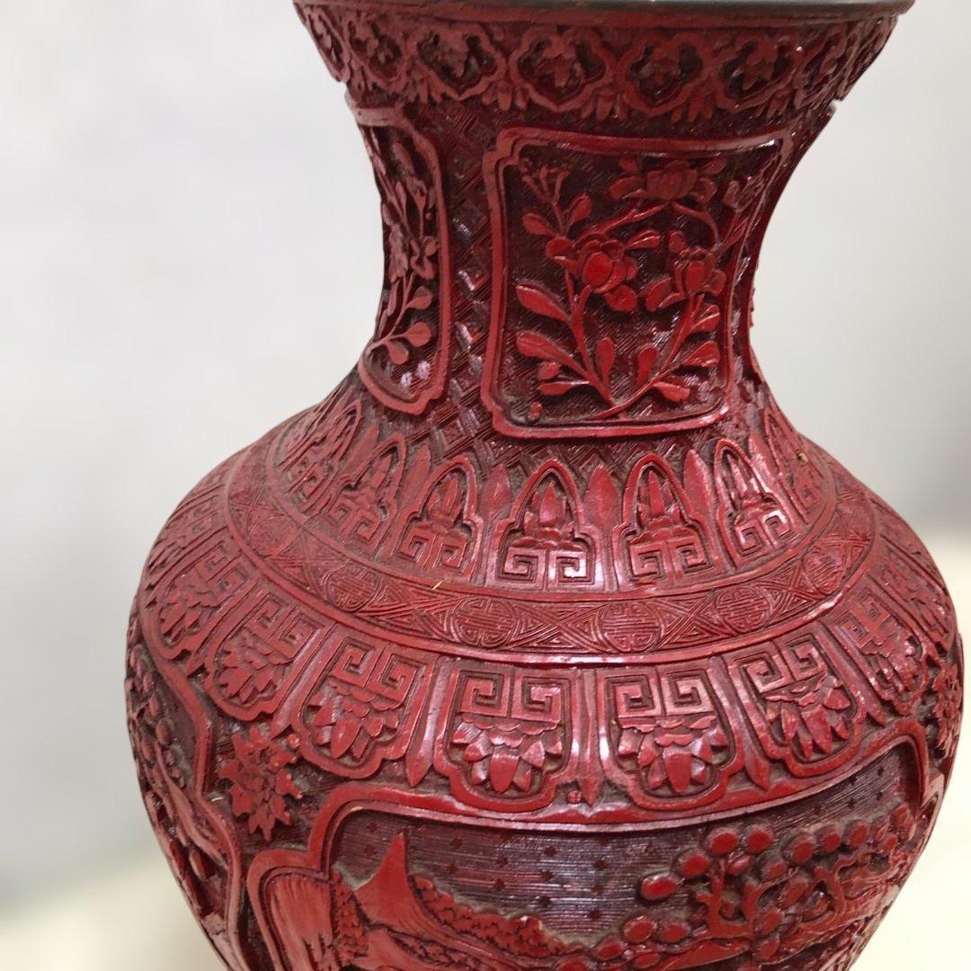 中国風 大型壺 朱色 レリーフ彫刻 花鳥図 花瓶 高約48cm 260216-2