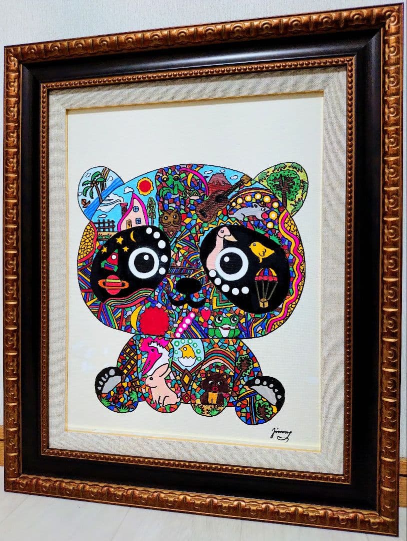 【F6号】ジミー大西【パンダ】手描き/表裏サイン有り/油彩/アクリル/絵画/額縁