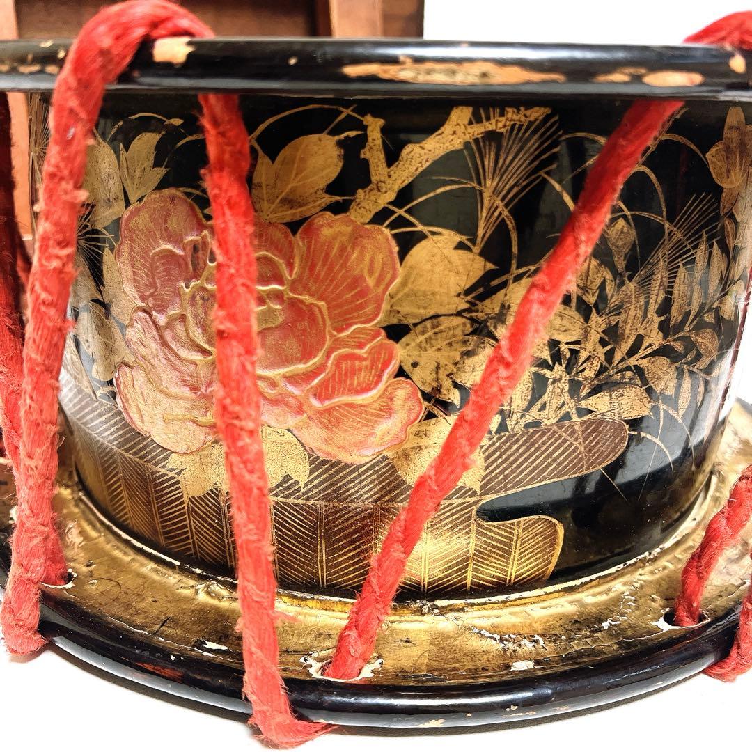 【蔵出し品・希少】 締め太鼓 和太鼓 蒔絵 金彩 直径34.5cm 明治44年