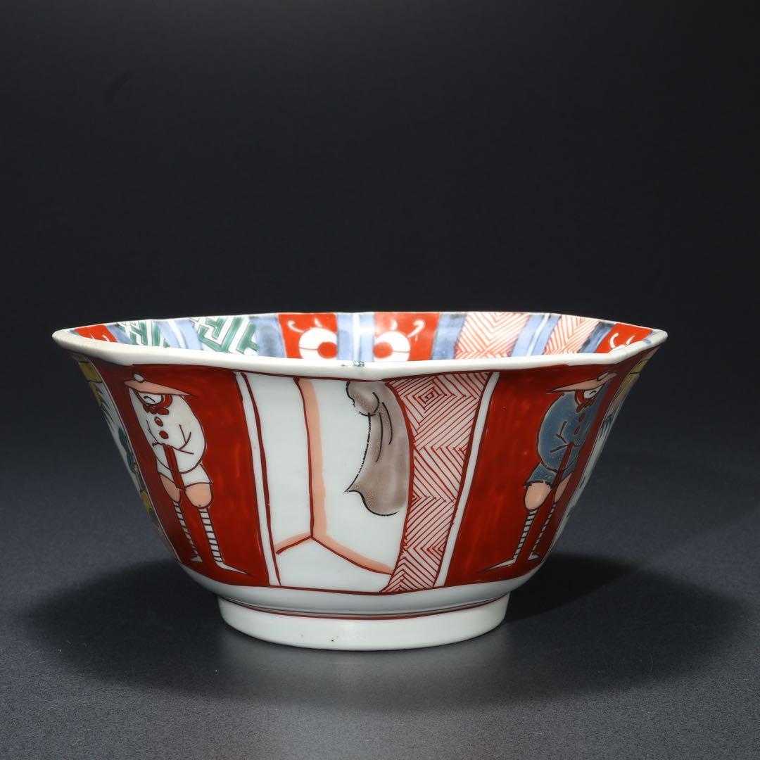 伊万里色絵人物図八角鉢　骨董　古伊万里　R1736ダA