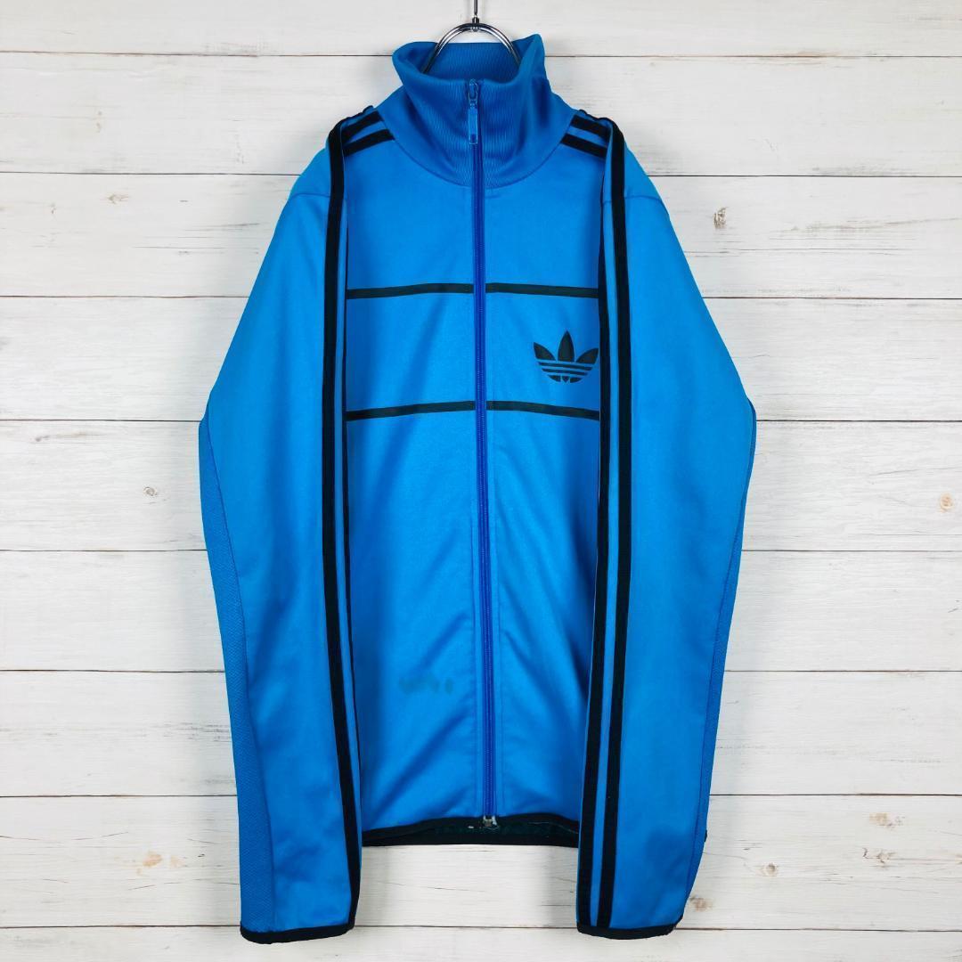 adidas トラックジャケット 囲みロゴ 裏起毛 希少デザイン ブルー M