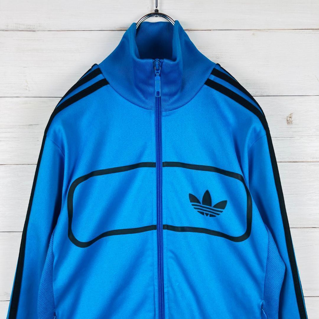 adidas トラックジャケット 囲みロゴ 裏起毛 希少デザイン ブルー M