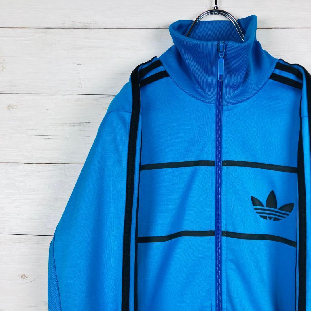 adidas トラックジャケット 囲みロゴ 裏起毛 希少デザイン ブルー M