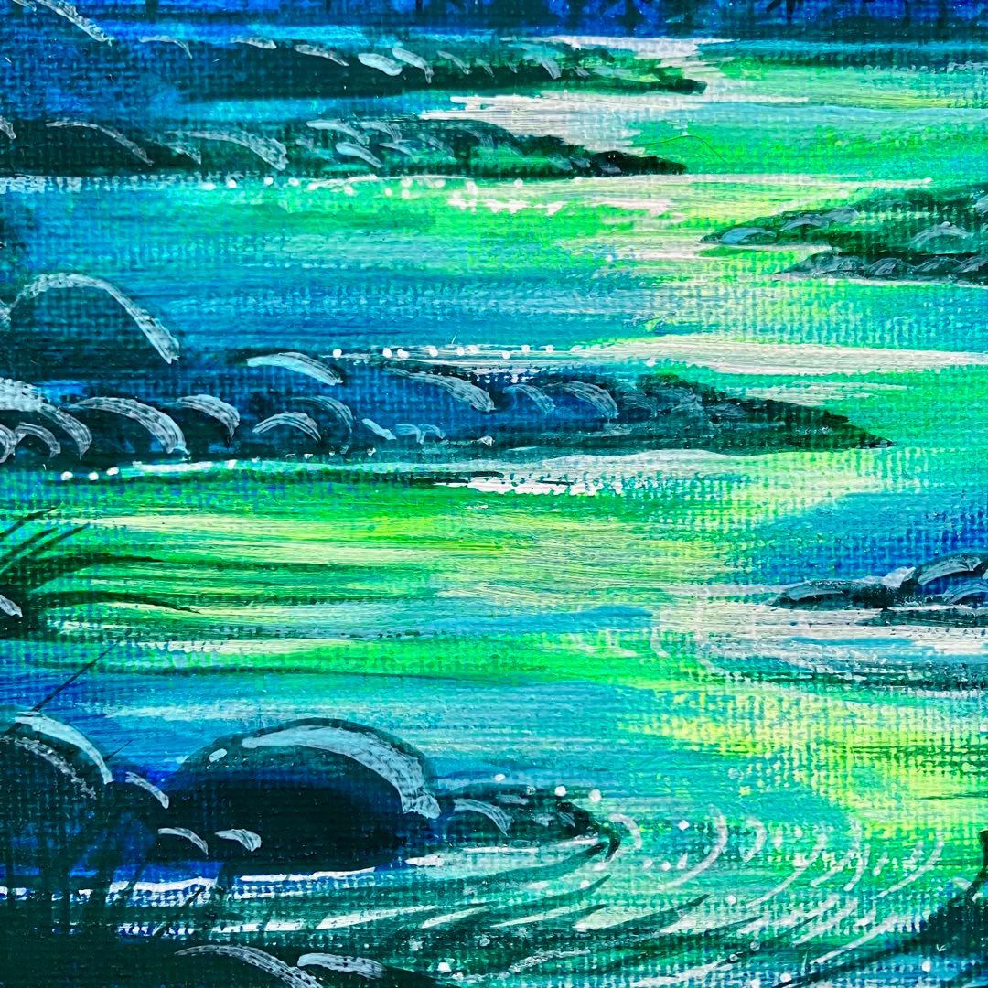 オーロラの夜景＊絵画　原画　風景画　冬　クリスマス　夜空　星空　アクリル原画
