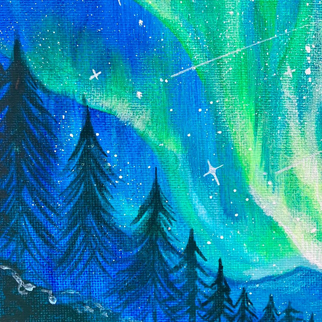 オーロラの夜景＊絵画　原画　風景画　冬　クリスマス　夜空　星空　アクリル原画
