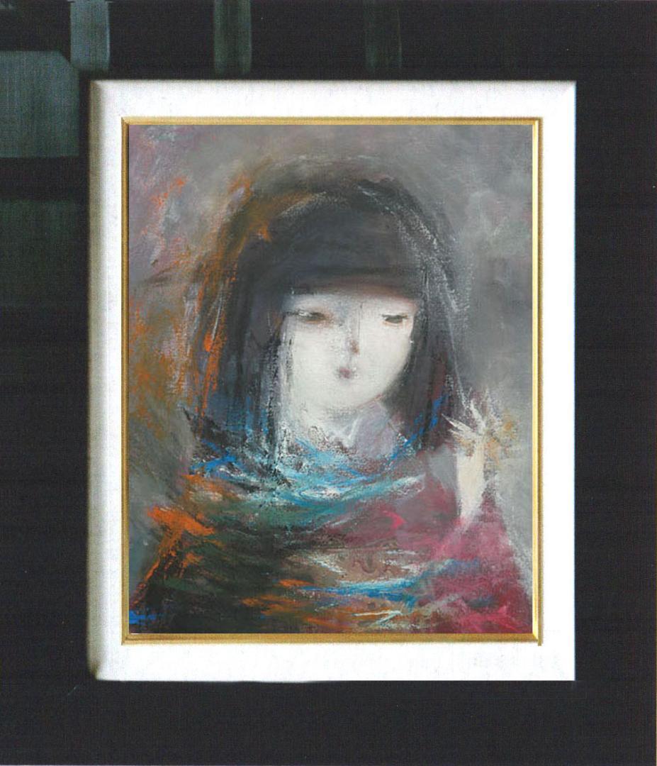油絵 絵 絵画インテリア 額付(青緑＋金色の枠) F6-050513 人物女性像