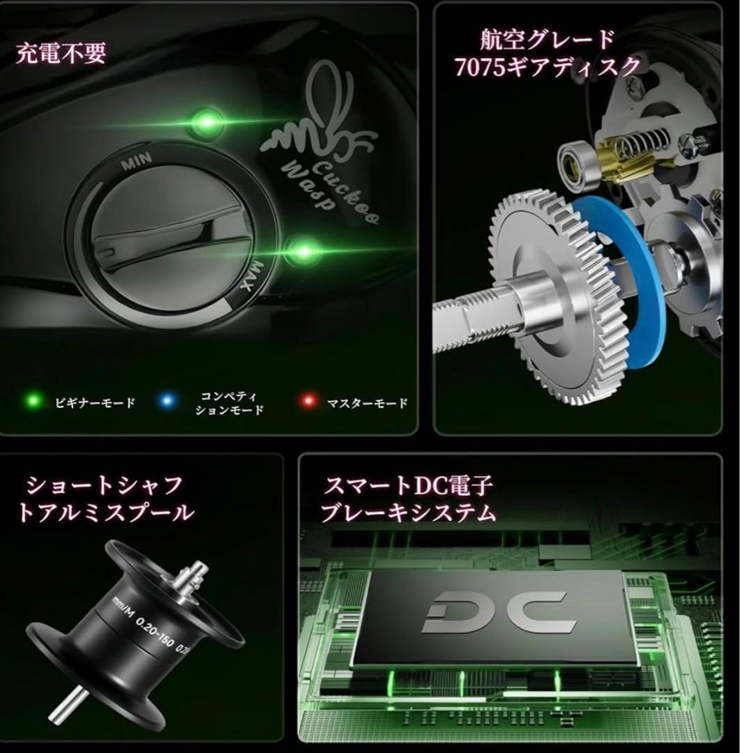ベイトリール DC電子ブレーキ搭載 防バックラッシュ 7.2：1 ドラグ力6kg