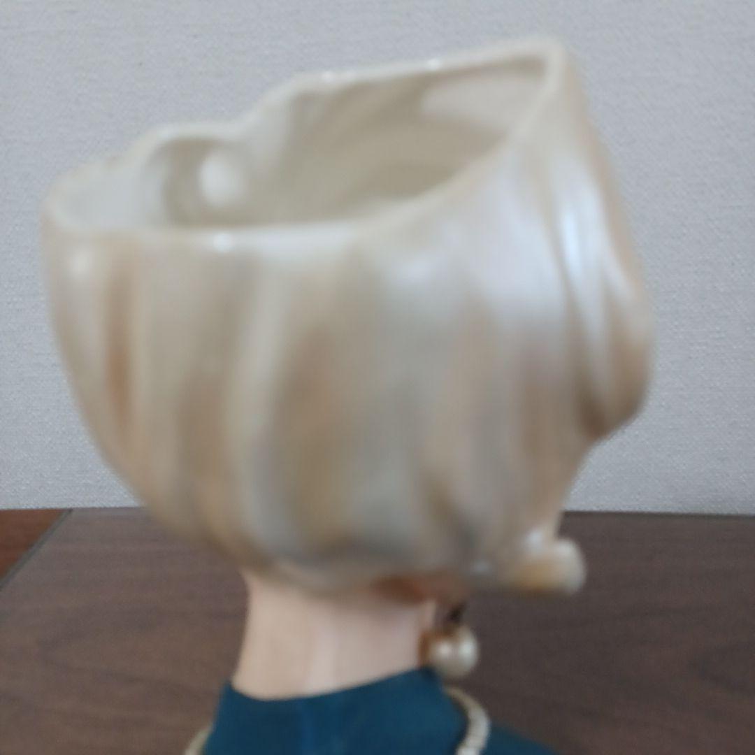 ビンテージレディヘッドベース 陶器製置物花瓶　ブルーのドレスにパールのネックレス