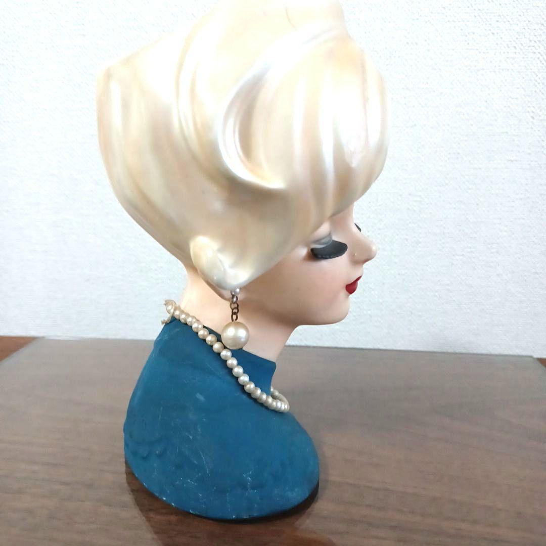 ビンテージレディヘッドベース 陶器製置物花瓶　ブルーのドレスにパールのネックレス