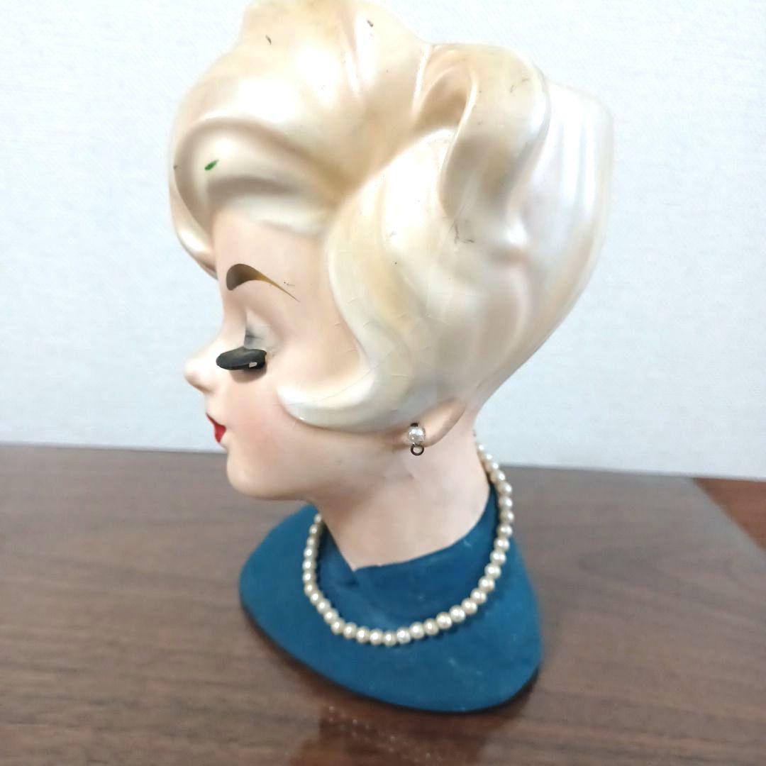 ビンテージレディヘッドベース 陶器製置物花瓶　ブルーのドレスにパールのネックレス