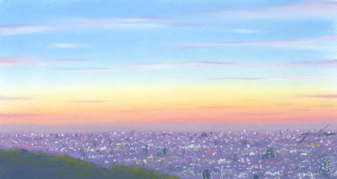 パステル画（原画）夕暮れの街。