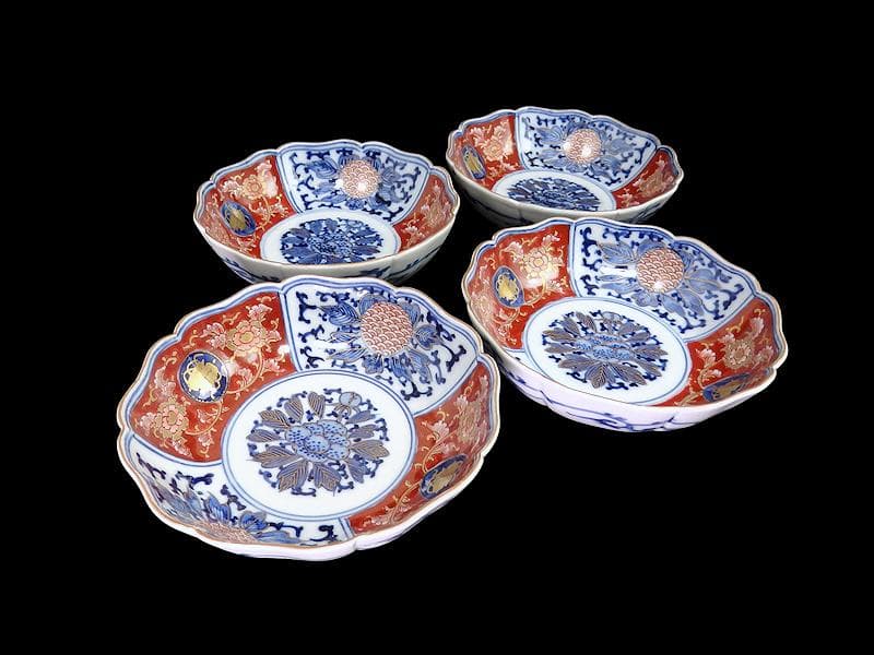 大聖寺伊万里 金襴手　牡丹に巻物　唐草の図　膾皿　４客　C135AS-DCq