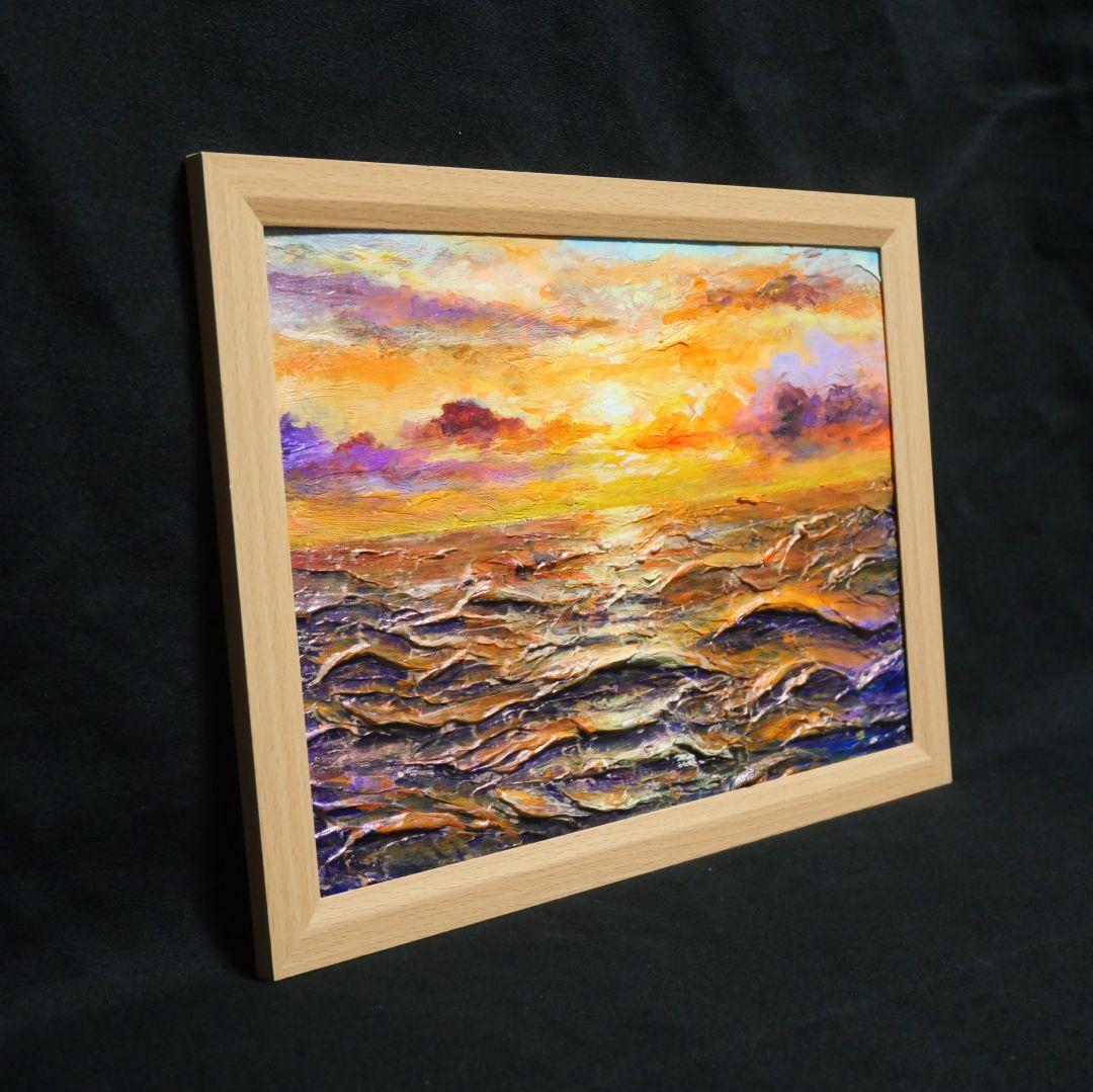 油絵 油彩 油彩画 絵 絵画【夕焼けの海】A4